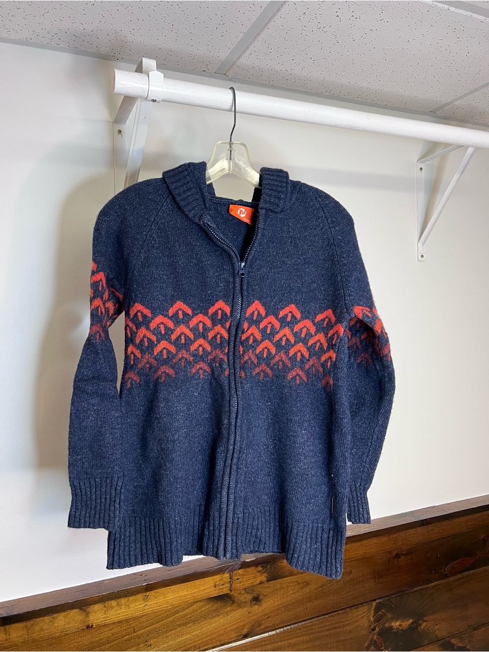 Merrel Navy Wool Blend Zip-Up Sweater with Orange Fair Isle Pattern- Small